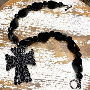Chunky Vintage Gothic Beaded Cross Statement Necklace